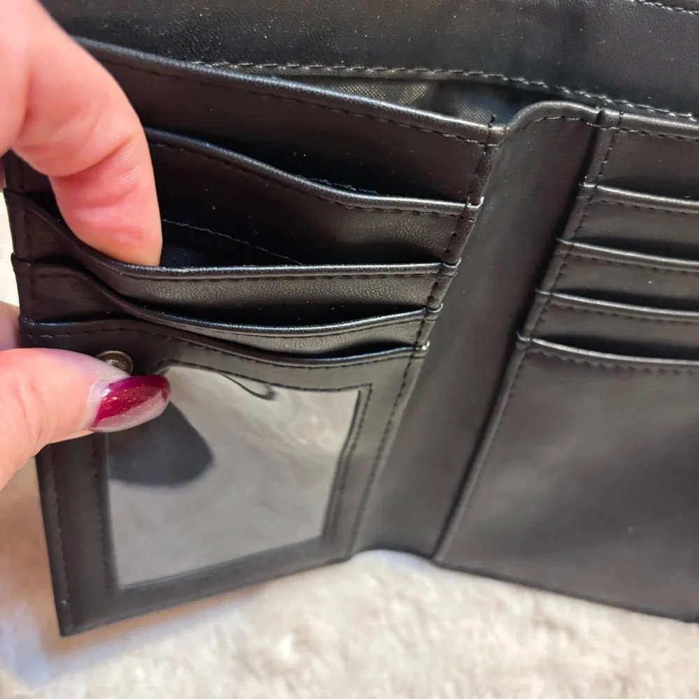 Black Wallet Faux Leather Steel Hardware Snap Closure Zip Pocket Billfold